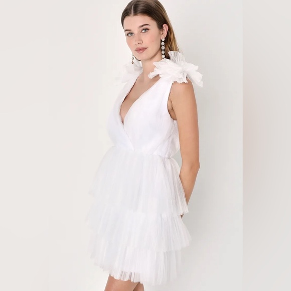 Lulus Dramatic Arrival White Tulle Tiered Surplice Mini Dress - Picture 1 of 3